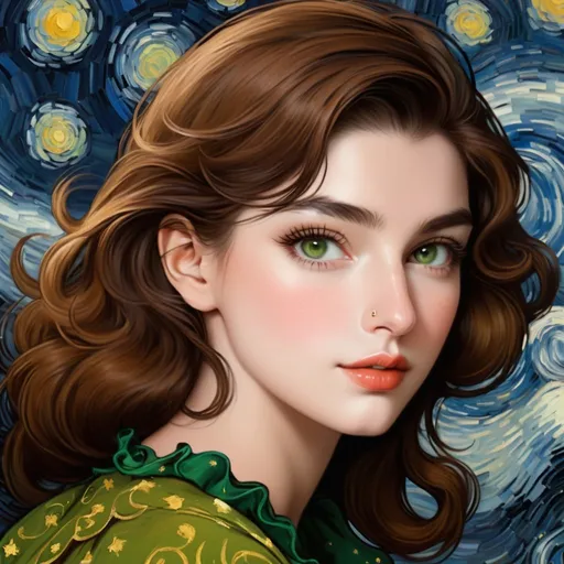 Prompt: renoir luncheon of the vaudeville starry night by van gogh, female with huge big long hooked aquiline arabian nose, round face, broad cheeks, green eyes, very short brown wavy pixie undercut hair, 