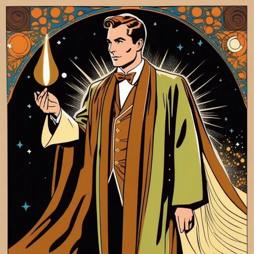 Prompt: Silk screen comic book illustration, male magician wearing a mage robe, extremely short brown hair, 1960s Soviet retrofuturism, in style of a dc comic