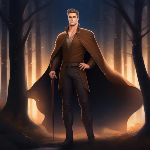 Prompt: full body image, highest quality anime art masterpiece, digital drawing, tall muscular bulky caucasian male sorcerer casting magic, wearing mantle, with suideburns, very short brown slicked back pompadour undercut hair with shaved sides:vistani, melancholic, in a forest on a dark foggy night, big sad slant brown eyes, pale milky skin:2, waxing moon, round shaven face, broad cheeks, ethereal, trimmed face, highres, realistic, highly detailed, fantasy, european, irish, D&D, Ravenloft, by Ilya Kuvshinov