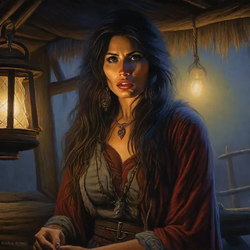 Prompt: fantasy art, oil painting, sarah shahi, as a gypsy woman, in a dark gypsy camp, foggy night, dreadful dark and moody atmosphere, frightened and concerned expression, close up, cinematic, dramatic, highres, detailed, D&D, DnD, Pathfinder, Ravenloft, Vistani, fantasy, by Clyde Caldwell,