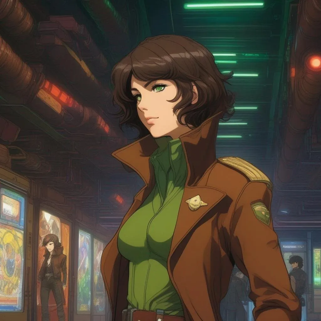 Prompt: From distance. Whole body, full figure. A young female smuggler with deep brown hair, very short pixie undercut. She wears a brown pilot coat and has a holster on her right leg. huge long hoocked aquiline grecian nose, green eyes. In background a noisy scifi cantina. Akira art. Anime art. Captain Harlock art. Leiji Matsumoto art. 2d art. 2d. well drawn face. detailed.