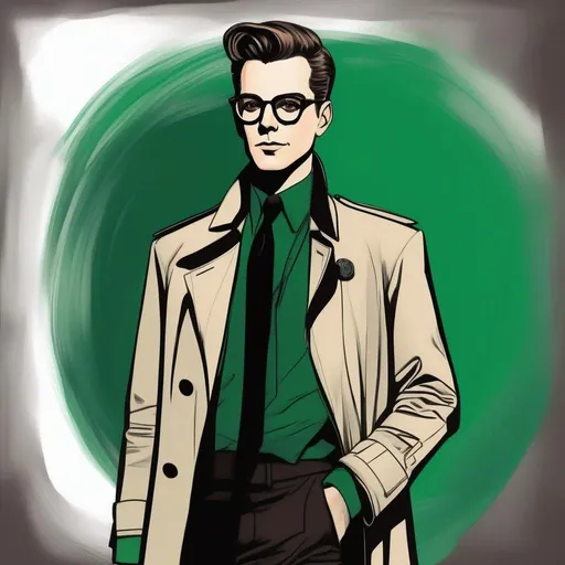 Prompt: full body shot shot of a young {man} with moderate length deep dark brown short slicked back pompadour hair with shaved sides and pale skin, wearing a dark brown trench jacket and white collared shirt with a black tie, black pants and black boots, round glasses, green shades with emerald lenses, handsome. rpg art. Star trek art. 2d art. 2d