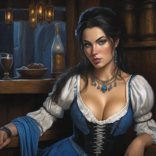 Prompt: oil painting, character portrait, a young mexixan woman with pale skin and buxom body as a fantasy tavern wench, blue eyes, white milky snowy skin and curvy thick body, muted tavern interior background, dark and moody,  half body, highres, detailed, mysterious, eerie, style of Ravenloft, by Todd Lockwood,