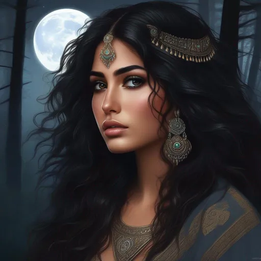 Prompt: highest quality anime art masterpiece, digital drawing, Azerbaijani woman with long black thick wavy messy hair:vistani, sad in a forest on a dark foggy night, big brown eyes, tanned skin:2, waxing moon, huge long wide broad hooked greek aquiline algerian oriental arabic nose, ethereal, jewelry set, highres, realistic, highly detailed, fantasy, gypsy, roma, D&D, Ravenloft, by Ilya Kuvshinov