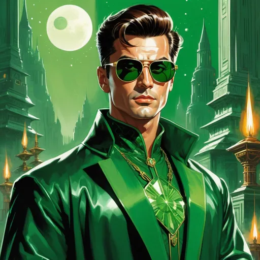 Prompt: retro futuristic soviet silk screen pulp fiction fantasy comic book cover, a dark chesnut haired male sorcerer very short slicked back pompadour undercut hair, mage, tall and willowy and pretty, soft freckles, big large green eyes, wizard, intricate emerald and green robe, wearing round retro shades with green lenses, old fashioned emerald sunglasses, iron palace gray metal, landscape beautiful pine forest, Carne Griffiths, Michael Garmash, Frank Frazetta, Castle Background, Victo Ngai, Detailed, Vibrant, Sharp Focus, Character Design, Wlop, Kuvshinov, TXAA, 32k, Highly Detailed, Dynamic Pose, Intricate Motifs, Organic Tracery, Perfect Composition, Digital Painting, Artstation, Smooth, Sharp Focus, Illustration, hyperdetailed, greg rutkowski