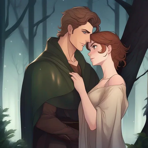 Prompt: highest quality anime art masterpiece, digital drawing, caucasian male sorcerer wearing mantle with freckles and very short brown slicked back pompadour undercut hair with shaved sides:vistani, melancholic, in a forest on a dark foggy night, hugging a woman with short brown wavy  pixie hair, bid sad slant brown eyes, pale milky skin:2, waxing moon, round shaven face, broad cheeks, ethereal, trimmed face, highres, realistic, highly detailed, fantasy, european, irish, D&D, Ravenloft, by Ilya Kuvshinov