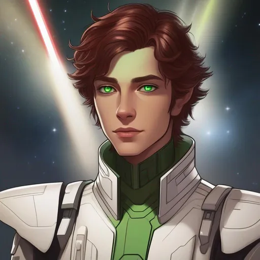 Prompt:  A young cathar alien of a star wars cathor. Vaguely humanoid. He has dark red fur and milky skin. He wears a scifi suit and has green eyes. Detailed, well draw face, Smooth skin. rpg art. Star wars art. 2d art. 2d