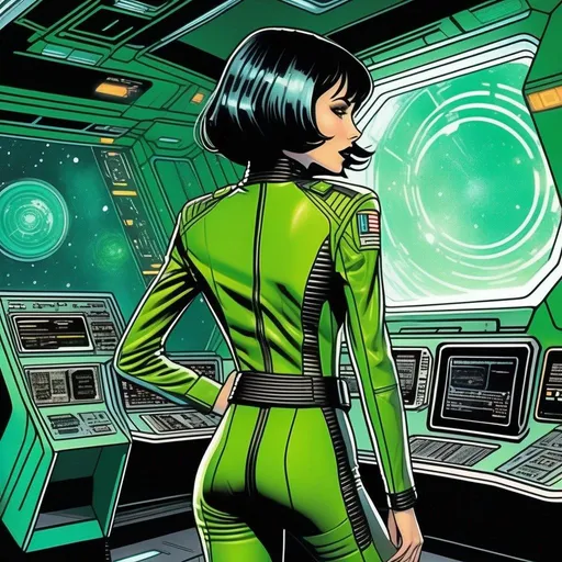 Prompt: detailed green skinned character portrait, full body portrait of a green skin petite slim female with short black messy wavy bob cut and green skin, green woman retro futuristic starship officer, black futuristic leather jackett, girlwith green skin color, on smoky background, docking station, inside of a spaceship, Marvel comics art, (comic art), 2d art. (2d), DC comics art. Well drawn faces, detailed faces.