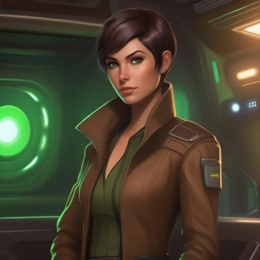 Prompt: From distance. Whole body, full figure. A young female smuggler with deep brown hair, very short pixie undercut. She wears a brown pilot coat and has a holster on her right leg. huge long hoocked aquiline grecian nose, green eyes. In background a noisy scifi cantina. soft feminine body features. Smooth skin, detailed, well drawn face. Rpg art. 2d art. 2d.