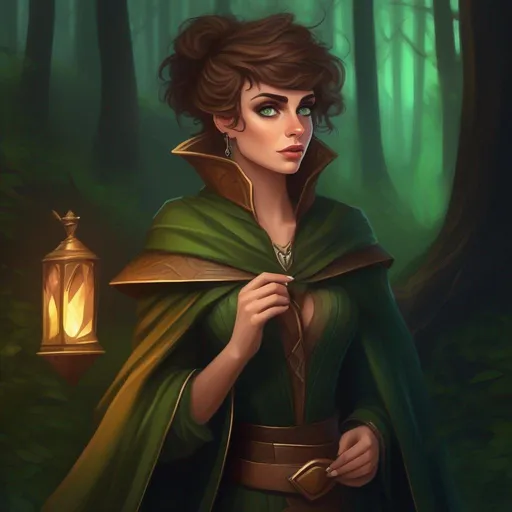Prompt: highest quality anime art masterpiece, digital drawing, tiny skinny caucasian female sorceress, wearing mage mantle, , very short wavy brown pixie undercut hair with shaved sides:vistani, dark female makeup, huge hooked aquiline persian nose, melancholic, in a forest on a dark foggy night, big sad slant green eyes, tanned skin:2, waxing moon, ethereal, highres, realistic, highly detailed, fantasy, eastern european, ukrainian, D&D, Ravenloft, by Ilya Kuvshinov