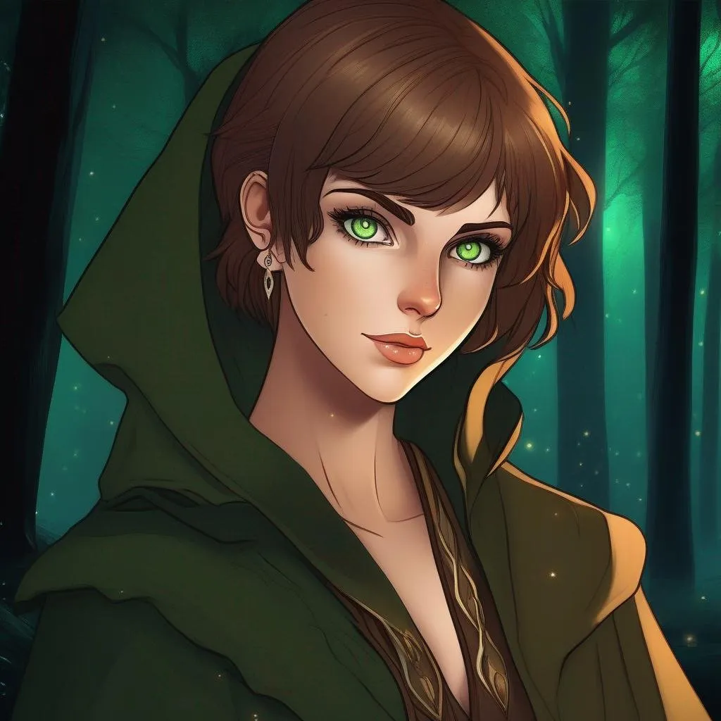 Prompt: highest quality anime art masterpiece, digital drawing, tiny skinny caucasian female sorceress, wearing mage mantle, , very short wavy brown pixie undercut hair with shaved sides:vistani, dark female makeup, huge hooked aquiline persian nose, melancholic, in a forest on a dark foggy night, big sad slant green eyes, tanned skin:2, waxing moon, ethereal, highres, realistic, highly detailed, fantasy, eastern european, ukrainian, D&D, Ravenloft, by Ilya Kuvshinov