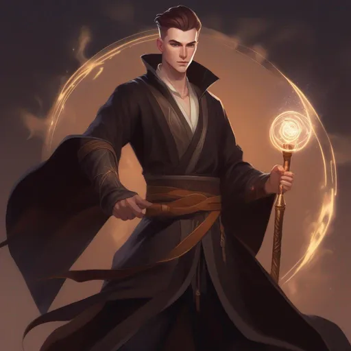 Prompt: A male mage in dark robes, with very short extremely deep dark brown slicked back pompadour undercut with ginger highlights and shaved sides, very pale milky skin. He fights with a magic staff and casts magic spells, potions on his belt, soft feminine body features. Smooth skin, detailed, well drawn face. Rpg art. 2d art. 2d.