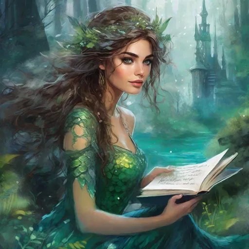 Prompt: fantasy book cover, a dark chesnut haired mermaid princess with brown highlights in her very short messy wavy bob hair, mermaid fae, tall and willowy and pretty, soft freckles, big large green eyes, pointed ears, intricate blue and green gown, pointy ears, iron palace gray metal, landscape beautiful pine forest, sit on sone, fishlail, Carne Griffiths, Michael Garmash, Frank Frazetta, Castle Background, Victo Ngai, Detailed, Vibrant, Sharp Focus, Character Design, Wlop, Kuvshinov, Character Design, TXAA, 32k, Highly Detailed, Dynamic Pose, Intricate Motifs, Organic Tracery, Perfect Composition, Digital Painting, Artstation, Smooth, Sharp Focus, Illustration, hyperdetailed, greg rutkowski