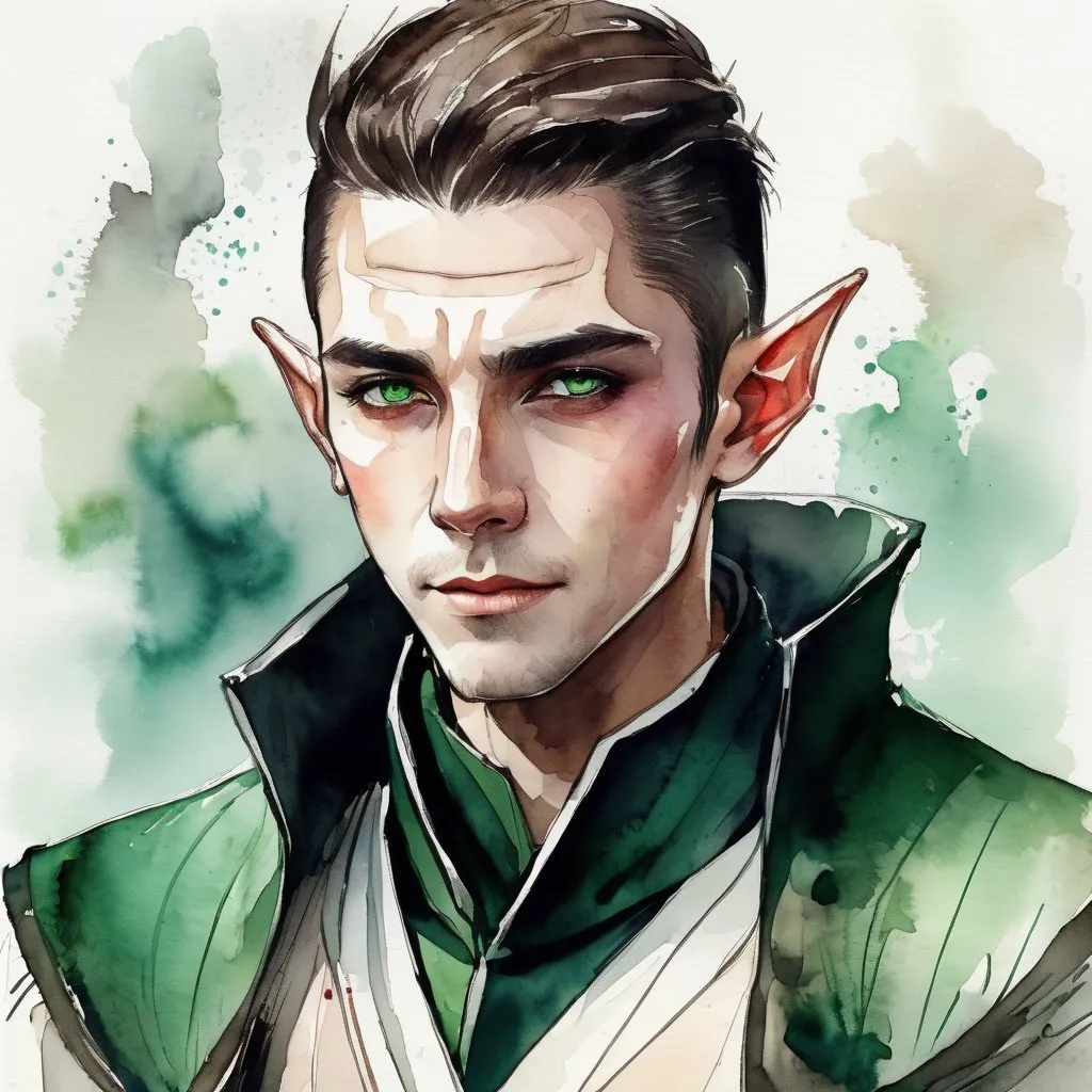 Prompt: Ultra realistic photo portrait of a handsome young adult elf mage in watercolor style, very short brown slicked back pompadour undercut hair with shaved sides, minimalist, elegant, white background, black lines, green shades, red tones, thick bold Rotring lines, capturing strength and fantasy, powerful and artistic portrayal, focusing entirely on the character, no additional elements, watercolor illustration.