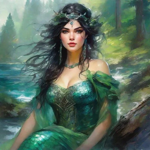 Prompt: fantasy book cover, a plump black haired mermaid princess with brown highlights in her very short messy wavy bob hair, mermaid fae, tall and willowy and pretty, soft freckles, big large green eyes, pointed ears, intricate blue and green gown, pointy ears, iron palace gray metal, landscape beautiful pine forest, fishlail, Carne Griffiths, Michael Garmash, Frank Frazetta, Castle Background, Victo Ngai, Detailed, Vibrant, Sharp Focus, Character Design, Wlop, Kuvshinov, Character Design, TXAA, 32k, Highly Detailed, Dynamic Pose, Intricate Motifs, Organic Tracery, Perfect Composition, Digital Painting, Artstation, Smooth, Sharp Focus, Illustration, hyperdetailed, greg rutkowski