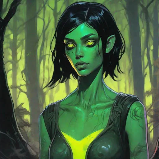 Prompt: a beautiful green skinned extraterrestrial alien girl, black short hair, big yellow glowing eyes, huge long big hooked aquiline arabian nose, green skin, with entirely emerald skin colour, black T-shirt , standing in a forest at night, fear, biomorphic, muted pastel colors palette, by  Callie Fink, SIYA OUM, GIGER, Datamoshing , Vaporware, ink wash painting, aesthetic, centered, 16k, HQ, perspective ,insanely detailed and intricate, hyper realistic, cgsociet, dynamic pose