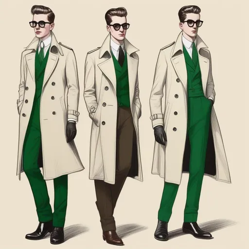 Prompt: full body shot shot of a young {man} with moderate length deep dark brown short slicked back pompadour hair with shaved sides and pale skin, wearing a dark brown trench jacket and white collared shirt with a black tie, black pants and black boots, round glasses, green shades with emerald lenses, handsome. rDrawing, Pencil Art, Adolph Friedrich Erdmann von Menzel 