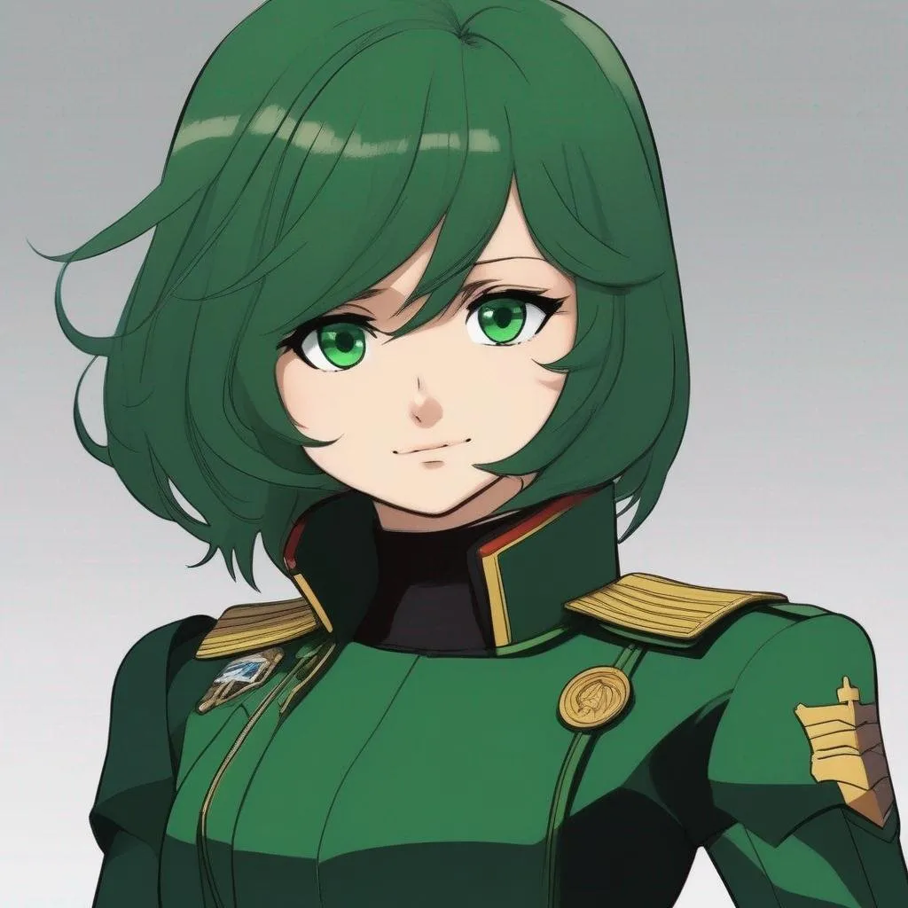 Prompt: Whole body. Full Figure, from distance. a Young noble woman in 21th century, Dark Green scifi uniform. Cute. short chetnut pixie hairs. emerald eyes. Akira art. Anime art. Captain Harlock art. Leiji Matsumoto art. 2d art. 2d. well draw face. detailed.