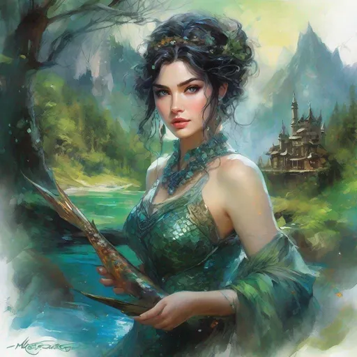 Prompt: fantasy book cover, a plump black haired mermaid princess with brown highlights in her very short messy wavy bob hair, mermaid fae, tall and willowy and pretty, soft freckles, big large green eyes, pointed ears, intricate blue and green gown, pointy ears, iron palace gray metal, landscape beautiful pine forest, fishlail, Carne Griffiths, Michael Garmash, Frank Frazetta, Castle Background, Victo Ngai, Detailed, Vibrant, Sharp Focus, Character Design, Wlop, Kuvshinov, Character Design, TXAA, 32k, Highly Detailed, Dynamic Pose, Intricate Motifs, Organic Tracery, Perfect Composition, Digital Painting, Artstation, Smooth, Sharp Focus, Illustration, hyperdetailed, greg rutkowski