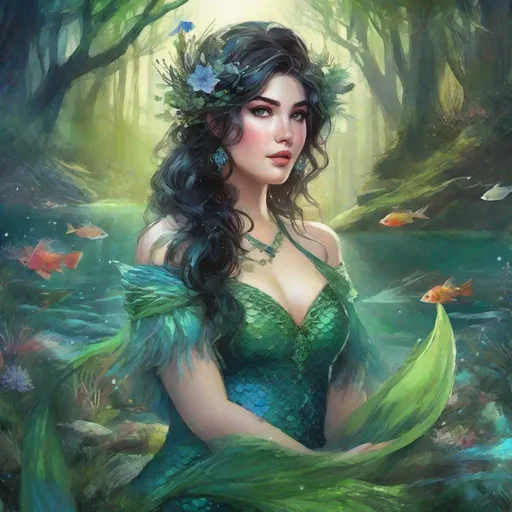 Prompt: fantasy book cover, a plump curvy black haired mermaid princess with brown highlights in her very short messy wavy bob hair, mermaid fae, tall and willowy and pretty, soft freckles, big large green eyes, pointed ears, intricate blue and green gown, pointy ears, iron palace gray metal, landscape beautiful pine forest, fishlail, Carne Griffiths, Michael Garmash, Frank Frazetta, Castle Background, Victo Ngai, Detailed, Vibrant, Sharp Focus, Character Design, Wlop, Kuvshinov, Character Design, TXAA, 32k, Highly Detailed, Dynamic Pose, Intricate Motifs, Organic Tracery, Perfect Composition, Digital Painting, Artstation, Smooth, Sharp Focus, Illustration, hyperdetailed, greg rutkowski