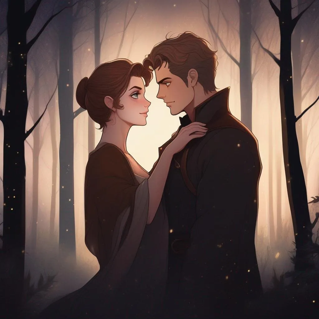 Prompt: highest quality anime art masterpiece, digital drawing, caucasian male sorcerer wearing mantle with freckles and very short brown slicked back pompadour undercut hair with shaved sides:vistani, melancholic, in a forest on a dark foggy night, hugging a woman with short brown wavy  pixie hair, bid sad slant brown eyes, pale milky skin:2, waxing moon, round shaven face, broad cheeks, ethereal, trimmed face, highres, realistic, highly detailed, fantasy, european, irish, D&D, Ravenloft, by Ilya Kuvshinov