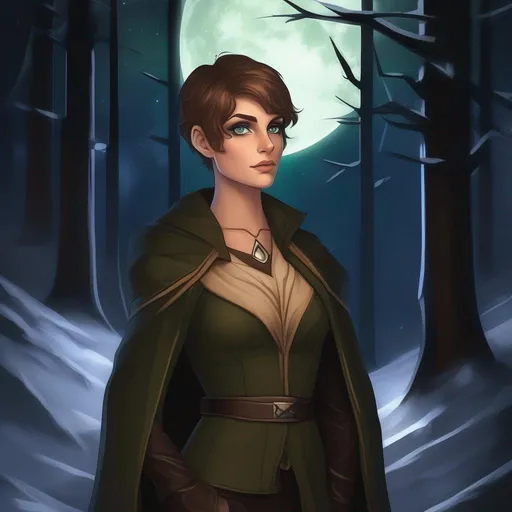 Prompt: highest quality anime art masterpiece, digital drawing, tiny skinny caucasian female sorceress, wearing mage mantle, , very short brown pixie undercut hair with shaved sides:vistani, dark female makeup, melancholic, in a forest on a dark foggy night, big sad slant greeneyes, tanned skin:2, waxing moon, round shaven face, broad cheeks, ethereal, trimmed face, highres, realistic, highly detailed, fantasy, european, irish, D&D, Ravenloft, by Ilya Kuvshinov