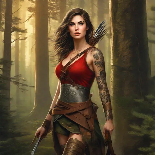 Prompt: fantasy book cover, a brown haired pale irish skinny woman with short wavy messy hair, archer, tall and willowy and pretty, soft freckles, huntress, rogue, big large brown eyes, anorexic, wild, tribal, tattooed, intricate red apron, yellow ragged and ripped and torn catsuit, iron palace gray metal, landscape beautiful pine forest, Carne Griffiths, Michael Garmash, Frank Frazetta, Castle Background, Victo Ngai, Detailed, Vibrant, Sharp Focus, Character Design, Wlop, Kuvshinov, Character Design, TXAA, 32k, Highly Detailed, Dynamic Pose, Intricate Motifs, Organic Tracery, Perfect Composition, Digital Painting, Artstation, Smooth, Sharp Focus, Illustration, hyperdetailed, greg rutkowski