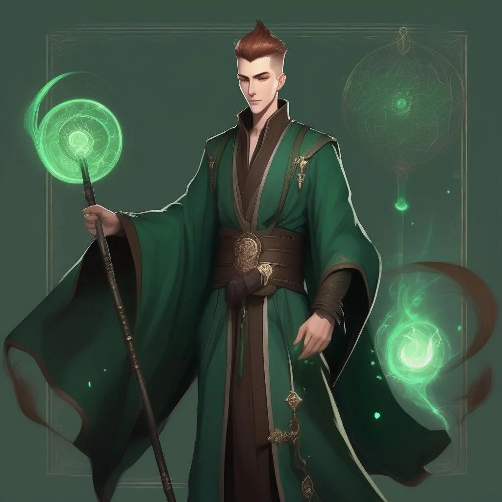 Prompt: A tall huge slender male mage in dark green robes with glyphs, with very short extremely deep dark brown slicked back pompadour undercut with dark ginger highlights and shaved sides, very pale milky skin. He fights with a magic staff and attaks with magic spells, potions on his belt, soft feminine body features. Smooth skin, detailed, well drawn face. Rpg art. 2d art. 2d.