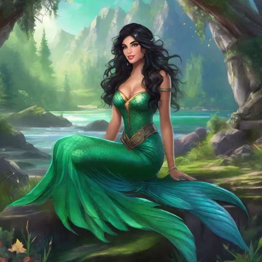 Prompt: fantasy book cover, a buxom  black haired mermaid princess with brown highlights in her very short messy wavy bob hair, mermaid fae, tall and willowy and pretty, soft freckles, big large green eyes, pointed ears, intricate blue and green gown, pointy ears, iron palace gray metal, landscape beautiful pine forest, sit on sone, fishlail, Carne Griffiths, Michael Garmash, Frank Frazetta, Castle Background, Victo Ngai, Detailed, Vibrant, Sharp Focus, Character Design, Wlop, Kuvshinov, Character Design, TXAA, 32k, Highly Detailed, Dynamic Pose, Intricate Motifs, Organic Tracery, Perfect Composition, Digital Painting, Artstation, Smooth, Sharp Focus, Illustration, hyperdetailed, greg rutkowski