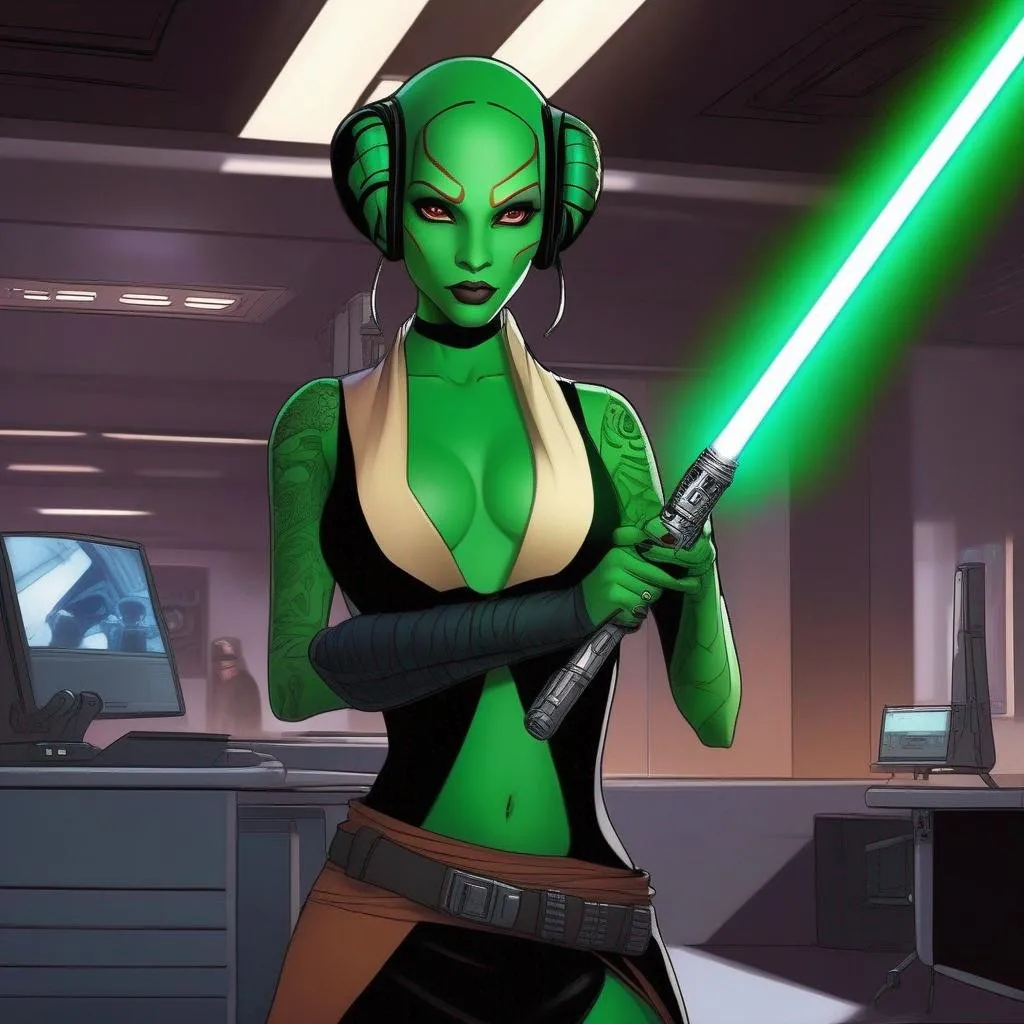 Prompt: a slender woman twi'lek enforcer. green skin. sith tatoos on face. She wield a lightsaber. sneaky behavior. In background a scifi office. Star wars art. Rpg art. anime art. 2d. 2d art.