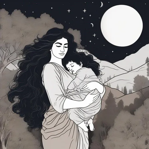 Prompt: A silkscreen comic illustration of a persian woman with long black thick wavy messy hair:vistani, carrying a bald newborn baby boy in her arms, round face, broad cheeks, sad in a forest on a dark foggy night, big brown eyes, tanned skin:2, waxing moon, huge long wide broad hooked greek aquiline algerian oriental arabic nose, flat chest, ethereal, jewelry set, highres, realistic, highly detailed, fantasy, gypsy, roma, 1960s Soviet Retrofuturism,