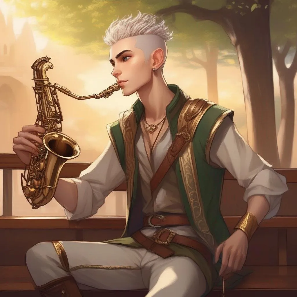 Prompt: A young elf mage with very short brown mohawk and pale skin. He plays a saxophone, has a sword on the left side and sits on a coach.
Smooth skin, detailed, well draw face. Rpg art. 2d art. 2d.