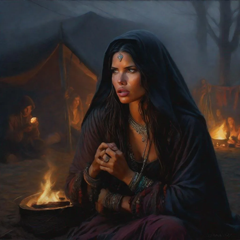 Prompt: fantasy art, oil painting, adriana lima fused together with sarah shahi, as a chanting gypsy woman, in a dark gypsy camp near camp fire, roma attire, foggy night, dreadful dark and moody atmosphere, frightened and concerned expression, close up, cinematic, dramatic, highres, detailed, D&D, DnD, Pathfinder, Ravenloft, Vistani, fantasy, by Clyde Caldwell,