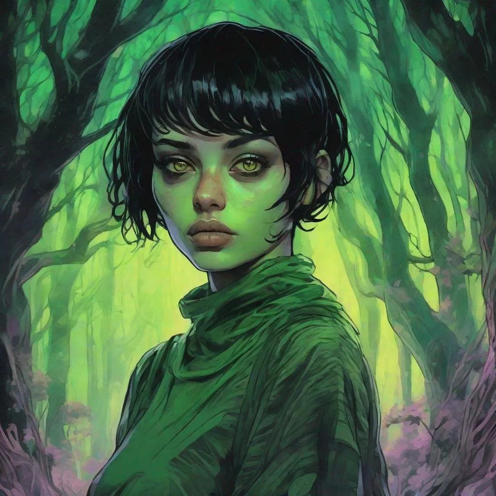 Prompt: a beautiful green skinned girl, black short hair, big yellow eyes, huge long big hooked aquiline arabian nose, green skin, black T-shirt , standing in a forest at night, fear , biomorphic , muted pastel colors palette, by  Callie Fink, SIYA OUM, GIGER, Datamoshing , Vaporware, ink wash painting, aesthetic , centered, 16k, HQ, perspective ,insanely detailed and intricate, hyper realistic, cgsociet, dynamic pose