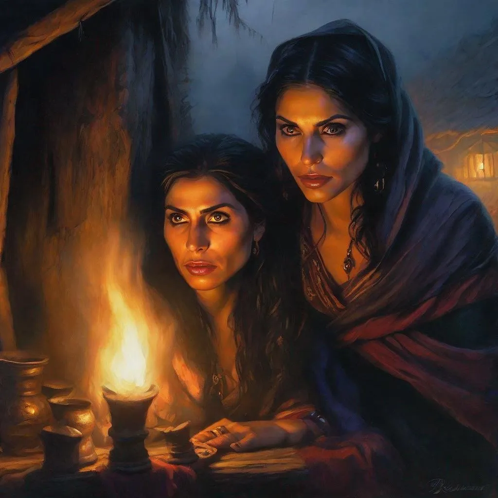 Prompt: fantasy art, oil painting, ablend of morena baccarin and sarah shahi, as a preying gypsy woman, in a dark gypsy camp, roma attire, foggy night, dreadful dark and moody atmosphere, frightened and concerned expression, close up, cinematic, dramatic, highres, detailed, D&D, DnD, Pathfinder, Ravenloft, Vistani, fantasy, by Clyde Caldwell,