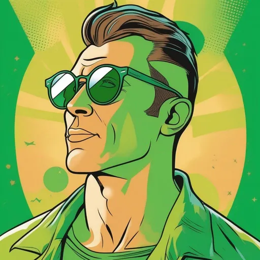 Prompt: A silkscreen comic book illustration, tall muscular bulky caucasian male sorcerer, wearing mage mantle, suideburns, very short brown slicked back pompadour undercut hair with shaved sides:vistani, wearing (round glasses), green sunshades with round emerald lenses, green (round) sunglasses, dark female makeup, melancholic, in a forest on a dark foggy night, big sad slant brown eyes, pale milky skin:2, waxing moon, round shaven face, broad cheeks, ethereal, trimmed face, highres, realistic, highly detailed, fantasy, european, irish, 1960s Soviet Retrofuturism , art neuveau, Hannes bok,