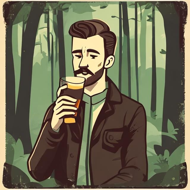 Prompt: make a vintage style art of an irish man drinking coffee in the forest