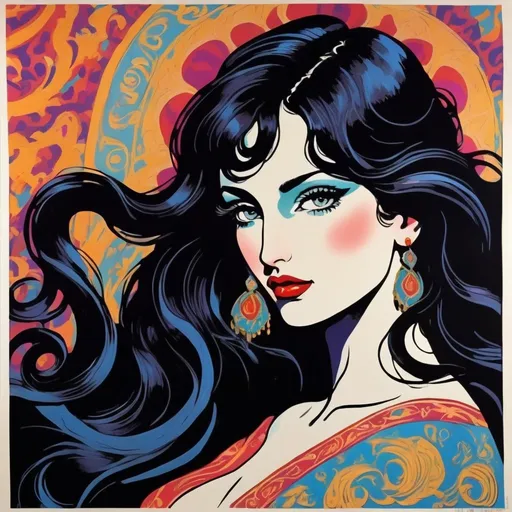 Prompt: Luxurious imperatrice, neo-fauvist screenprint. armeinian buxom female with huge big long hooked aquiline arabian nose, long black wavy hair, Beautiful, extremely detailed 