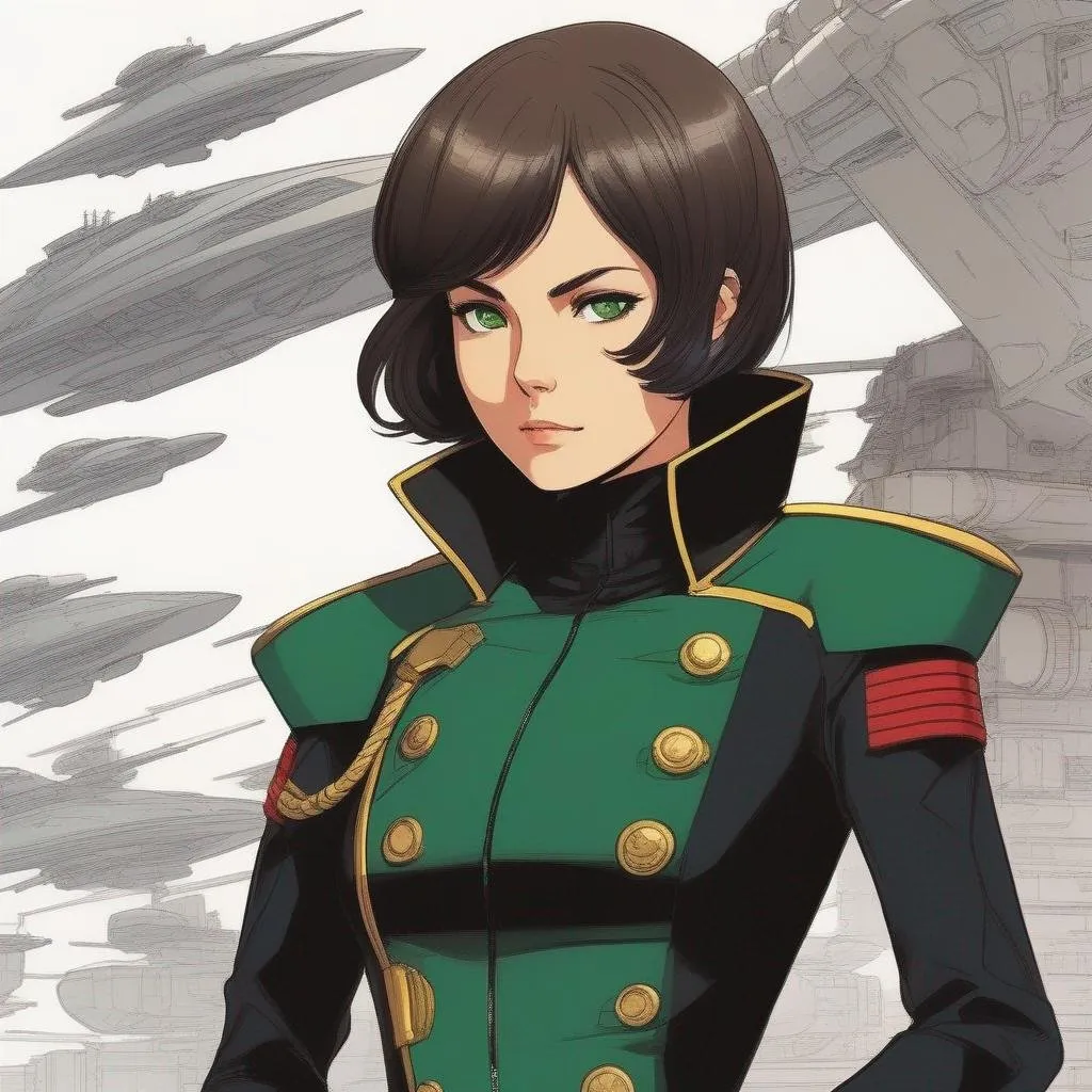 Prompt: Whole body. Full Figure, from distance. a Young noble woman in 22nd century, black scifi uniform. Cute. very short dark brown pixie haircut. emerald eyes. Akira art. Anime art. Captain Harlock art. Leiji Matsumoto art. 2d art. 2d. well draw face. detailed.