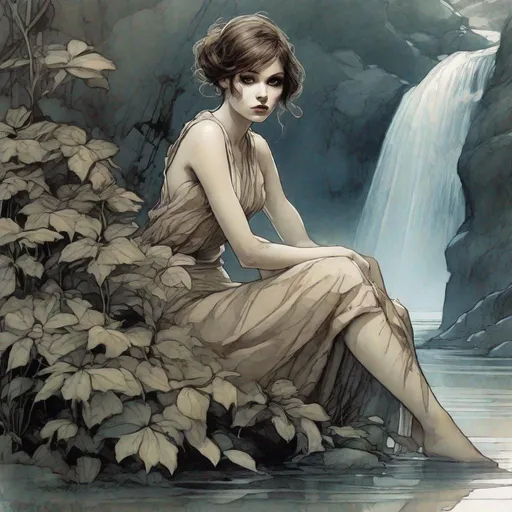 Prompt: a drawing of a beautiful woman with short brown hair, feline cat eyes, bright makeup , brown lips , sitting down among shrubs,  a waterfall in background , cold colors palette, liquid ink , by Jean Baptiste Monge, Loish Anne Bachelier, fine delicate contours lines  ,  high contrast, centered, perspective, 8k, HQ, UHD, insanely detailed, hyper realistic, trending on cgsociet