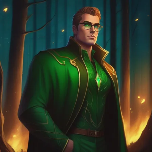 Prompt: highest quality anime art masterpiece, digital drawing, tall muscular bulky caucasian male sorcerer, wearing mage mantle, suideburns, very short brown slicked back pompadour undercut hair with shaved sides:vistani, wearing round glasses, green shades with emerald lenses, dark female makeup, melancholic, in a forest on a dark foggy night, big sad slant brown eyes, pale milky skin:2, waxing moon, round shaven face, broad cheeks, ethereal, trimmed face, glowing eyes, highres, realistic, highly detailed, fantasy, european, irish, D&D, Ravenloft, by Ilya Kuvshinov