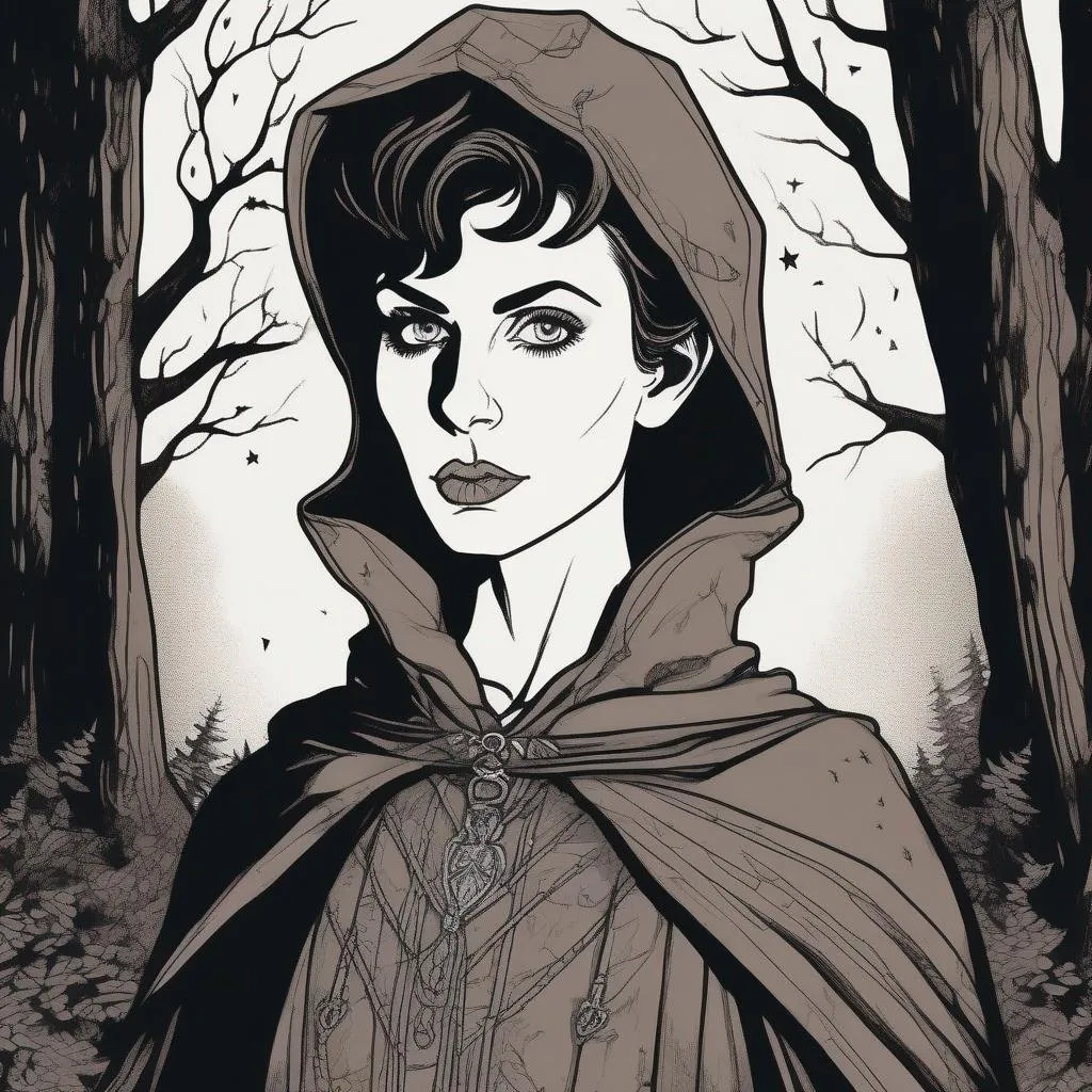 Prompt: A silkscreen comic illustration of a tiny skinny caucasian female sorceress, wearing mage mantle, , very short messy brown pixie undercut hair with shaved sides:vistani, dark female makeup, huge long hooked aquiline persian nose, tiny nose ala, protruding nose root, melancholic, in a forest on a dark foggy night, big sad slant emerald cat eyes, tanned skin:2, waxing moon, ethereal, highres, realistic, highly detailed, fantasy, eastern european, ukrainian, 1960s Soviet Retrofuturism,