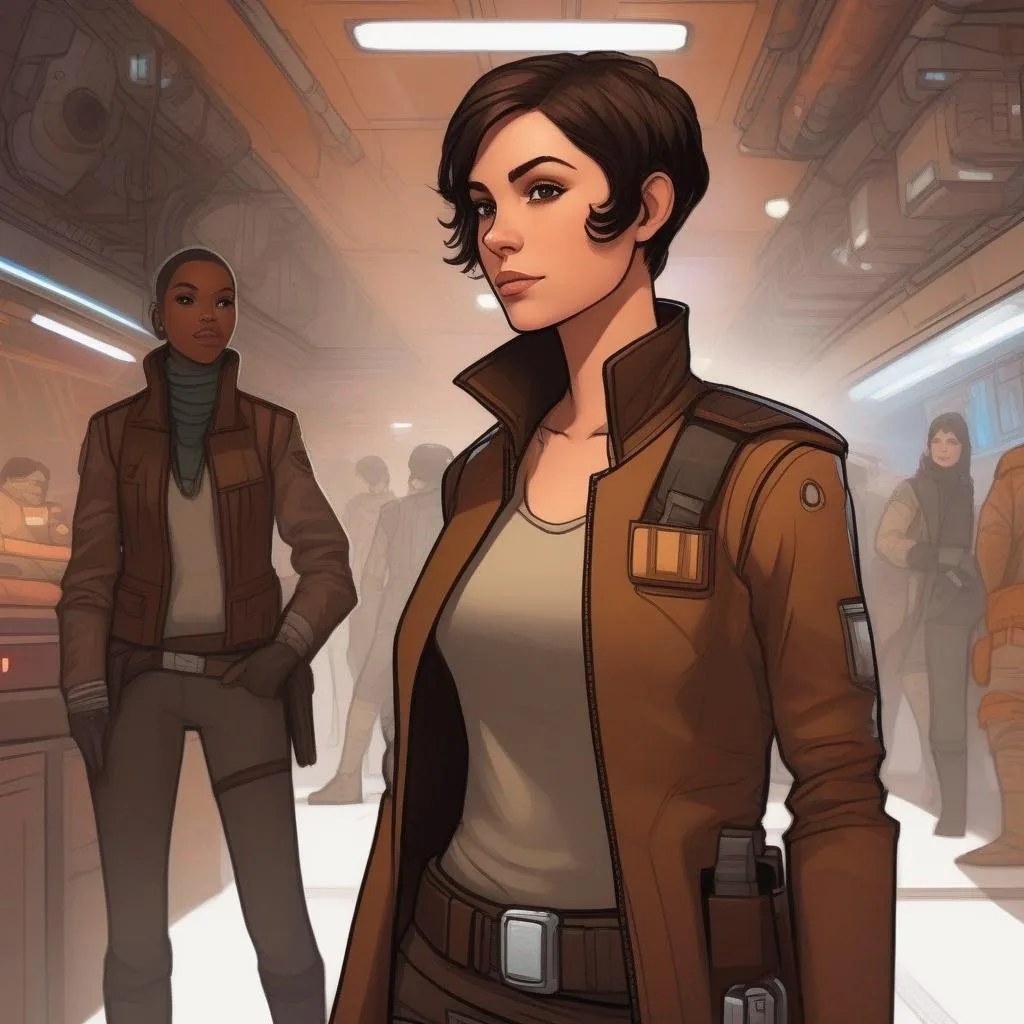 Prompt: From distance. Whole body, full figure. A young female smuggler with deep brown hair, very short pixie undercut. She wears a brown pilot coat and has a holster on her right leg. In background a noisy scifi cantina. Star wars art. 2d art. 2d. well draw face. detailed.