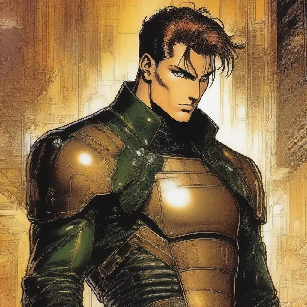 Prompt: A masculine scifi european cyborg soldier. very short bright brown slicked back pompadour undercut hair with shawed sides and light chestnut highlights, round face, broad cheeks, glowing eyes, wearing a black retro futuristic leather jackett with android armour underneath, Ghost in the shell art. Masamune Shirow art. anime art. Leiji Matsumoto art. Akira art. Otomo art. 2d. 2d art.