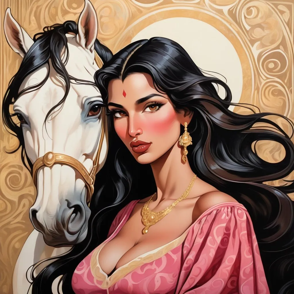 Prompt: Luxurious imperatrice, neo-fauvist screenprint. armeinian buxom female with huge big long hooked aquiline arabian nose,round face, broad cheeks, brown eyes, long black wavy hair, mocha skin, Beautiful, full pouty thick pumped lips, peachy lipstick holding her baby son, extremely detailed 