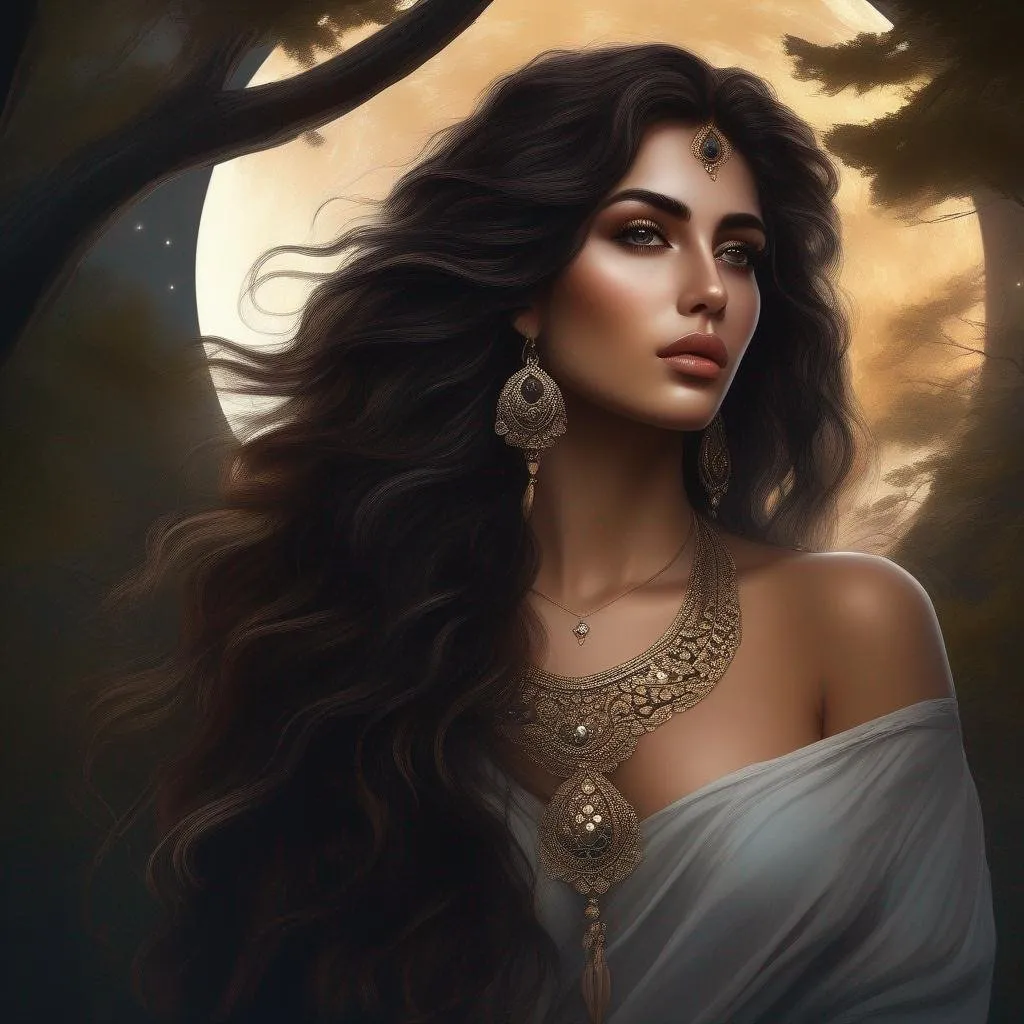 Prompt: highest quality anime art masterpiece, digital drawing, Azerbaijani woman with long black thick wavy messy hair:vistani, sad in a forest on a dark foggy night, big brown eyes, tanned skin:2, waxing moon, huge long wide broad hooked greek aquiline algerian oriental arabic nose, ethereal, jewelry set, highres, realistic, highly detailed, fantasy, gypsy, roma, D&D, Ravenloft, by Ilya Kuvshinov