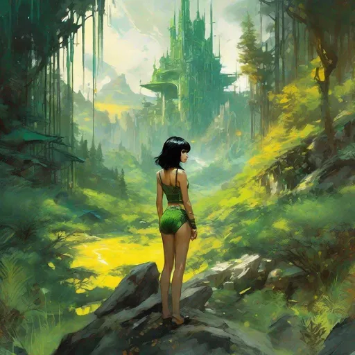 Prompt: fantasy book cover, a black haired tiny, skinny and willowy and pretty, green skinned alien female, big large yellow eyes, extraterrestrial, intricate black spandex underwear, short bob haircut, iron palace gray metal, landscape beautiful pine forest, Carne Griffiths, Michael Garmash, Frank Frazetta, Castle Background, Victo Ngai, Detailed, Vibrant, Sharp Focus, Character Design, Wlop, Kuvshinov, Character Design, TXAA, 32k, Highly Detailed, Dynamic Pose, Intricate Motifs, Organic Tracery, Perfect Composition, Digital Painting, Artstation, Smooth, Sharp Focus, Illustration, hyperdetailed, greg rutkowski