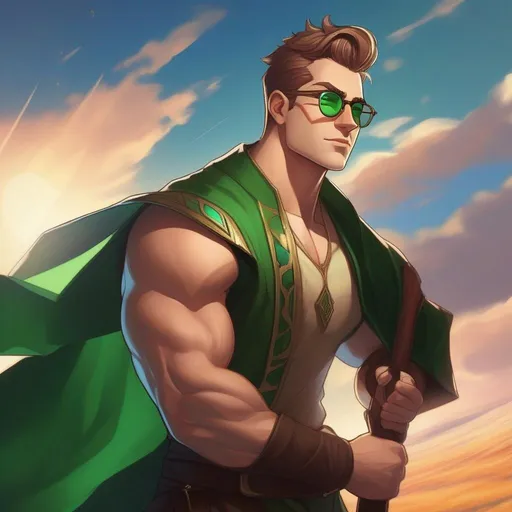 Prompt: highest quality anime art masterpiece, digital drawing, tall muscular bulky caucasian male sorcerer, wearing mage mantle, suideburns, very short brown slicked back pompadour undercut hair with shaved sides:vistani, wearing (round glasses), green sunshades with round emerald lenses, green (round) sunglasses, dark female makeup, melancholic, in a forest on a dark foggy night, big sad slant brown eyes, pale milky skin:2, waxing moon, round shaven face, broad cheeks, ethereal, trimmed face, highres, realistic, highly detailed, fantasy, european, irish, D&D, Ravenloft, by Ilya Kuvshinov