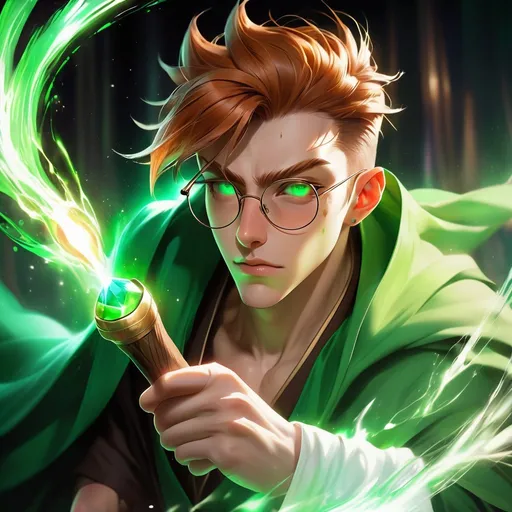 Prompt: a dynamic waist up drawing of an athletic, dressed adult slender skinny male mage in movement, wearing a dark green wizard robe with a cape, loincloth, white shirt underneath and round glasses, green mirror shades with emerald lenses, very short extremely deep dark brown slicked back pompadour undercut with dark ginger highlights and shaved sides, very bright and pale milky skin. He fights with a wooden magic staff with a crystal and shoots magical pulses in motion, in rage, soft feminine body features, rising, athlete, scarred face, Smooth skin, detailed face, well drawn face. Rpg art. 2d art. 2d.