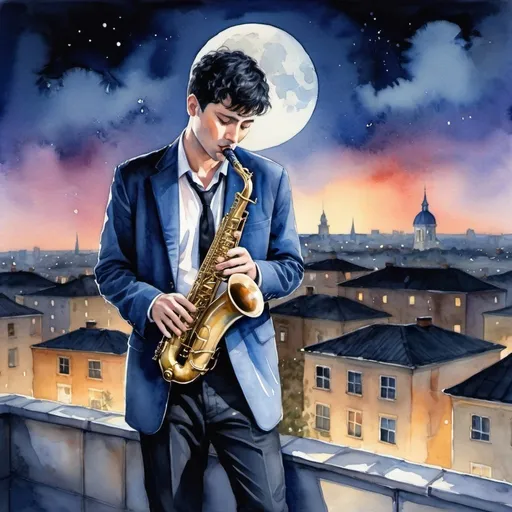 Prompt: Night, blue moon, a male saxophonist with short black hair in a classic cut stzle is on the roof top and frantically plays the "Moonlight Sonata" colorful, realistic, high detail, night light, watercolor painting